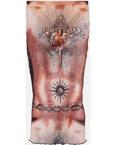 Jean Paul Gaultier Tattoo Collection Mesh Midi Skirt - Red