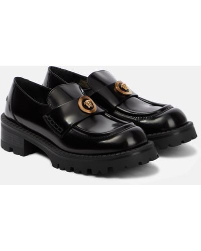 Versace Women Logo Leather Platform Loafers - Black