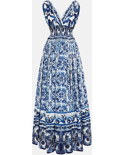 Dolce & Gabbana Open-back Shirred Printed Cotton-poplin Maxi Dress - Blue