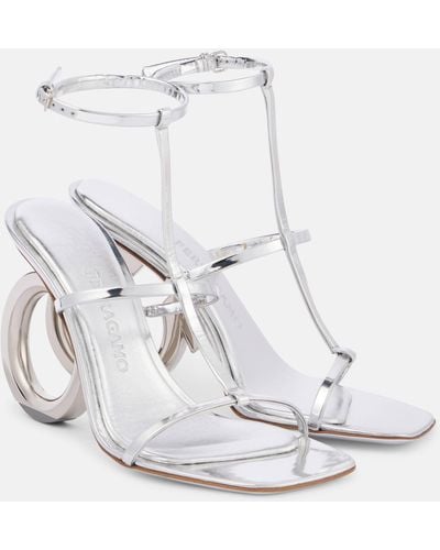 Ferragamo Elina 105 Metallic Leather Sandals - White