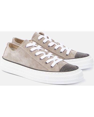 Brunello Cucinelli Embellished Suede Sneakers - White