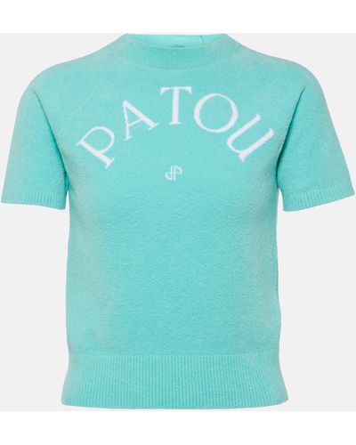 Patou Logo Knitted Cotton-blend T-shirt - Blue