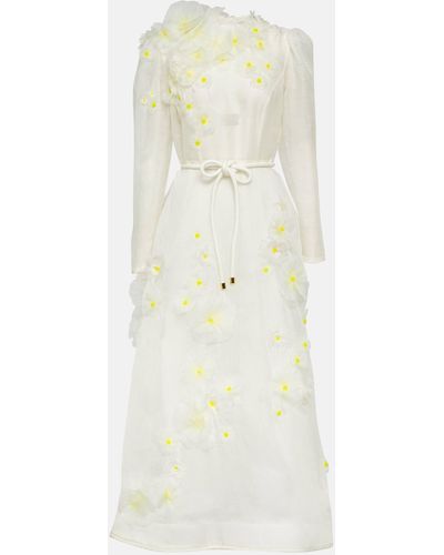 Zimmermann Daisy Floral-applique Linen And Silk Midi Dress - White