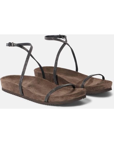 Brunello Cucinelli Embellished Leather Sandals - Brown