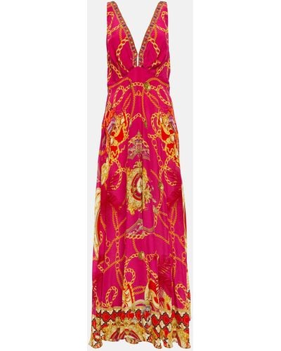 Camilla V-neck Printed Silk Maxi Dress - Red
