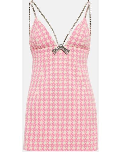 Area Checked Crystal-trimmed Wool-blend Minidress - Pink