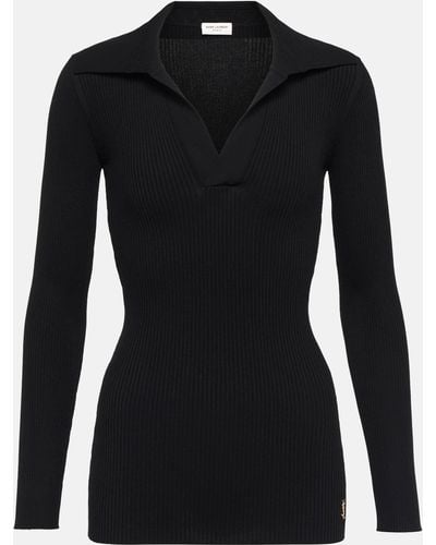 Saint Laurent Ribbed-knit Polo Sweater - Black