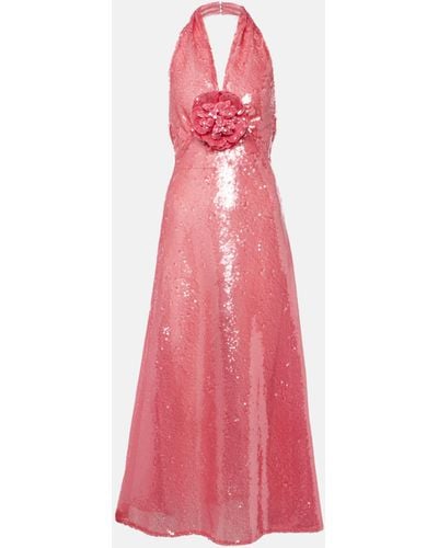 Rodarte Floral-applique Sequined Midi Dress - Pink