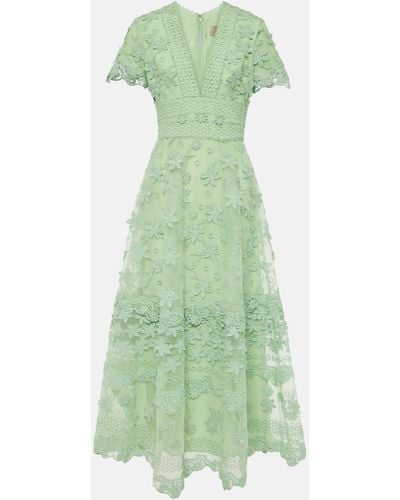 Elie Saab Floral-applique Silk-blend Midi Dress - Green