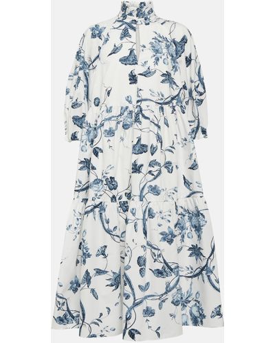 Erdem Floral-print Tiered-skirt Cotton Midi Dress - Blue