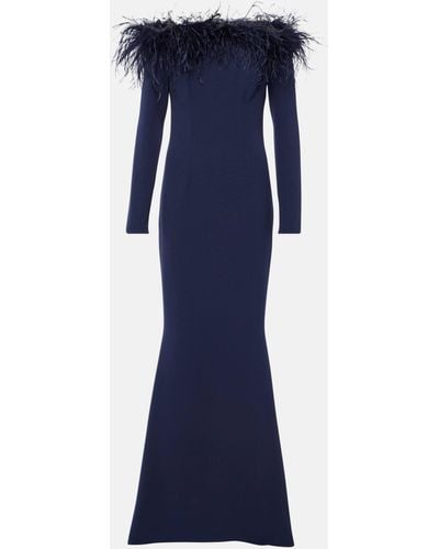 Safiyaa Starlana Feather-trimmed Off-shoulder Gown - Blue