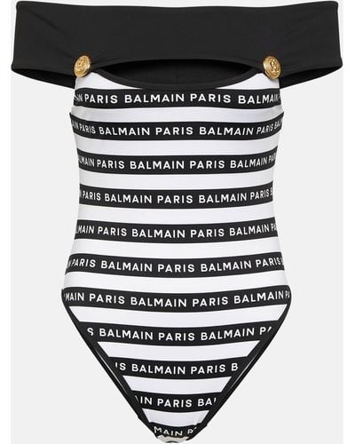 Balmain Logo Striped Off-shoulder Swimsuit - Black
