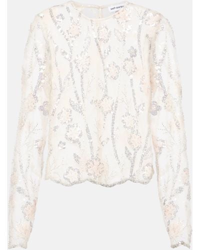 Self-Portrait Floral Sequined Mesh Top - White