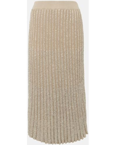 Brunello Cucinelli Embellished Pleated Knit Midi Skirt - Natural