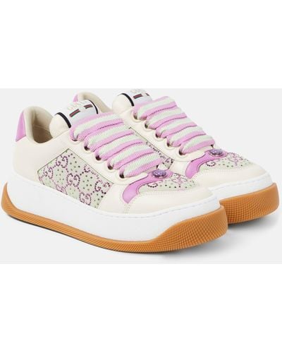 Gucci Screener GG Crystal Leather Sneakers - White