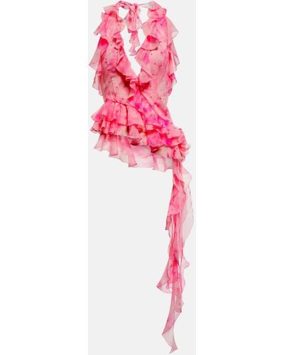 Alessandra Rich Crystal-embellished Ruffled Silk Top - Pink