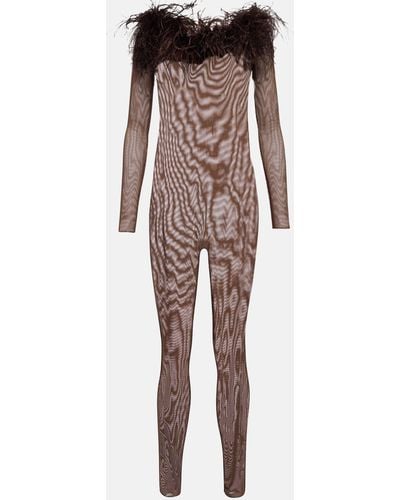 Oséree Feather-trimmed Mesh Jumpsuit - Brown