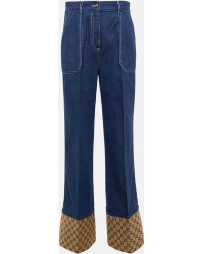 Gucci GG Canvas-trimmed Wide-leg Jeans - Blue
