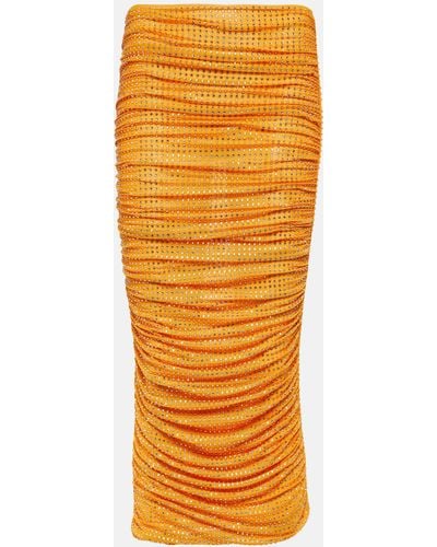 Self-Portrait Embellished Ruched Midi Skirt - Orange