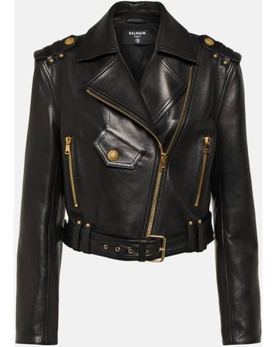 Balmain Cropped Leather Biker Jacket - Black