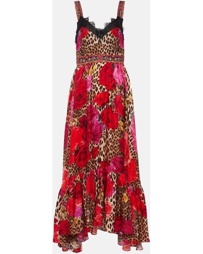 Camilla Leopard-print Floral Silk Midi Dress - Red