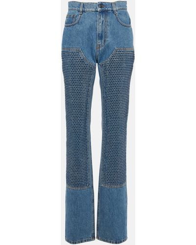 Area Crystal Embellished High Waist Straight Leg Jeans - Blue