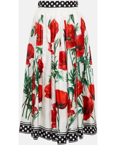 Dolce & Gabbana Poppy-print Twill Midi Skirt - White