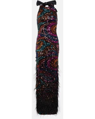 Rebecca Vallance Kiki Feather-trimmed Sequined Gown - Multicolour