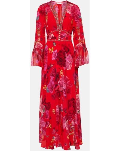 Camilla Embellished Floral Silk Maxi Dress - Red
