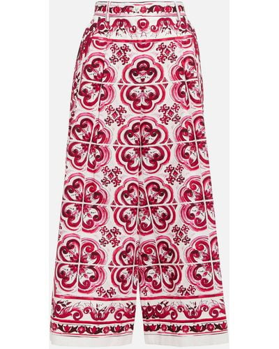 Dolce & Gabbana Maiolica Print Cotton Wide Leg Pants - Red