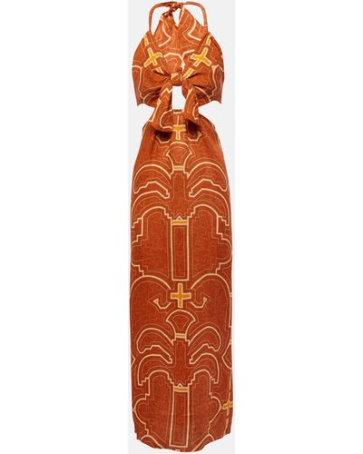 Johanna Ortiz Printed Cutout Linen Maxi Dress - Orange