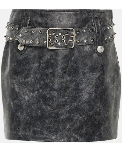 Alessandra Rich Belted Embellished Leather Miniskirt - Grey