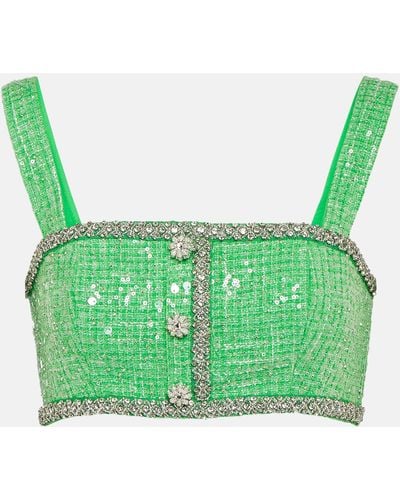 Self-Portrait Embellished Sequined Boucle Crop Top - Green