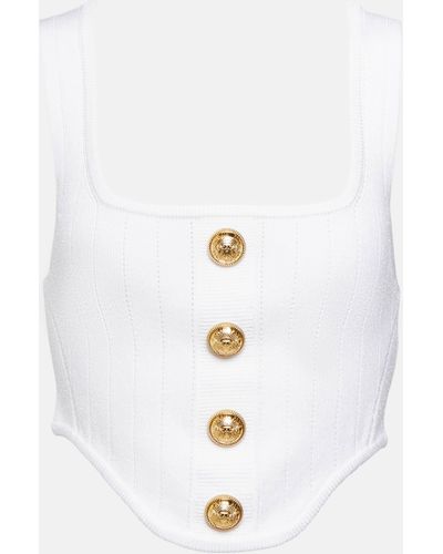 Balmain Buttoned Ribbed-knit Corset Top - White
