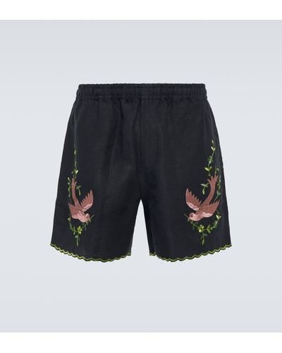 Bode Rosefinch Embroidered Linen Bermuda Shorts - Blue