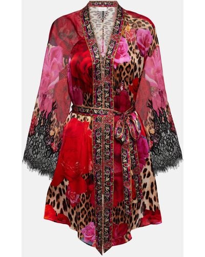 Camilla Printed Lace-trimmed Silk Cardigan - Red