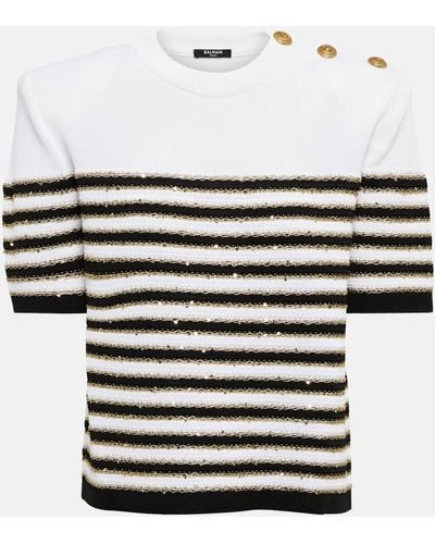 Balmain Embellished Striped Top - White