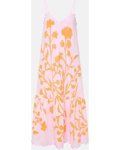 Juliet Dunn Floral Tiered Cotton Midi Dress - Orange