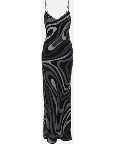 Emilio Pucci Printed Silk Crepe V-neck Long Dress - Black