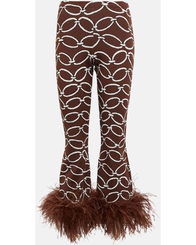 Valentino Feather-trimmed Printed Pants - Brown