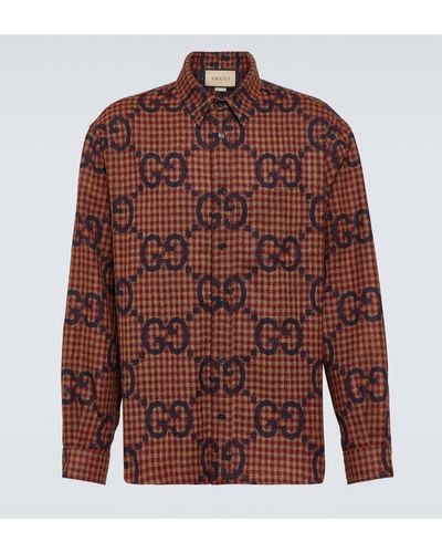 Gucci Checked Logo-jacquard Wool Shirt - Red