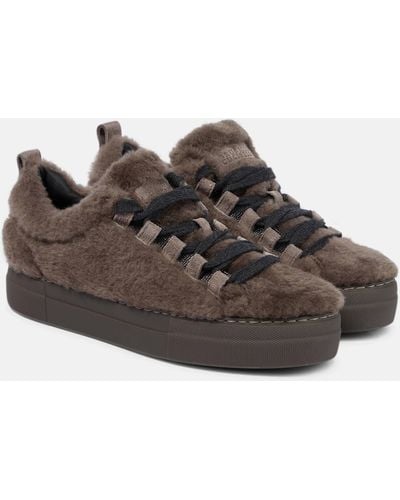Brunello Cucinelli Embellished Shearling Sneakers - Brown