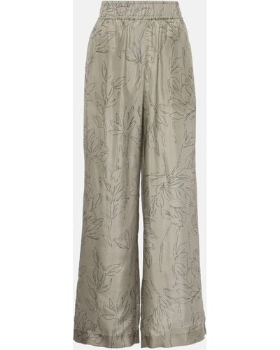 Brunello Cucinelli Floral Silk Wide-leg Pants - Grey