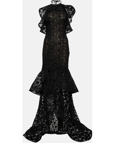 Oscar de la Renta Ruffled Guipure Lace Halterneck Gown - Black