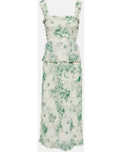 Ganni Pleated Floral-print Smocked Crepon Midi Dress - Green