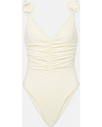 Magda Butrym Floral-applique Ruched Swimsuit - Natural