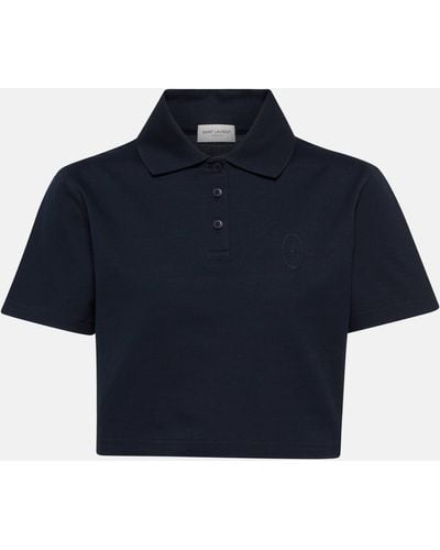 Saint Laurent Embroidered-logo Cropped Polo Shirt - Blue