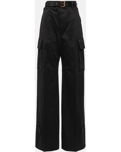 Saint Laurent Leather-trimmed Cotton Wide-leg Pants - Black