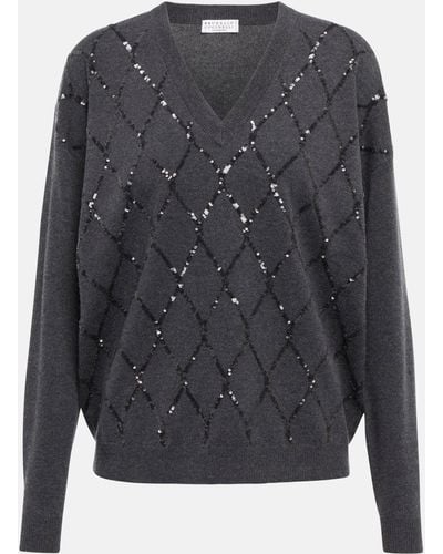 Brunello Cucinelli Dazzling Argyle Wool-blend Sweater - Grey