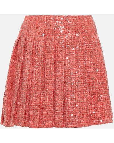 Self-Portrait Pleated Sequined Boucle Miniskirt - Red